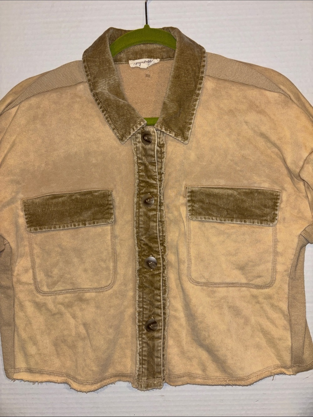 MYSTREE BRAND TAN CORDUROY CROPPED JACKET WITH CRUSHED VELVET TRIM SIZE MEDIUM